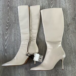 Zara Beige Knee-High Pointed Toe Stiletto Boots